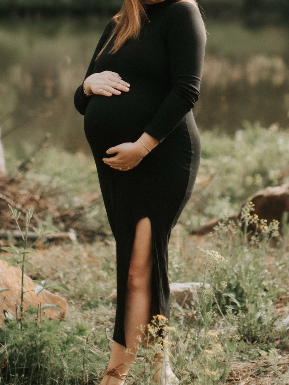 Heart & Hips Black Maternity Maxi Dress with Side Slit